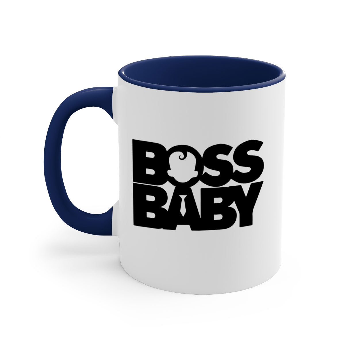 Boss Baby On Board Mug featuring black phrases on a glossy ceramic surface with a colored handle and interior.