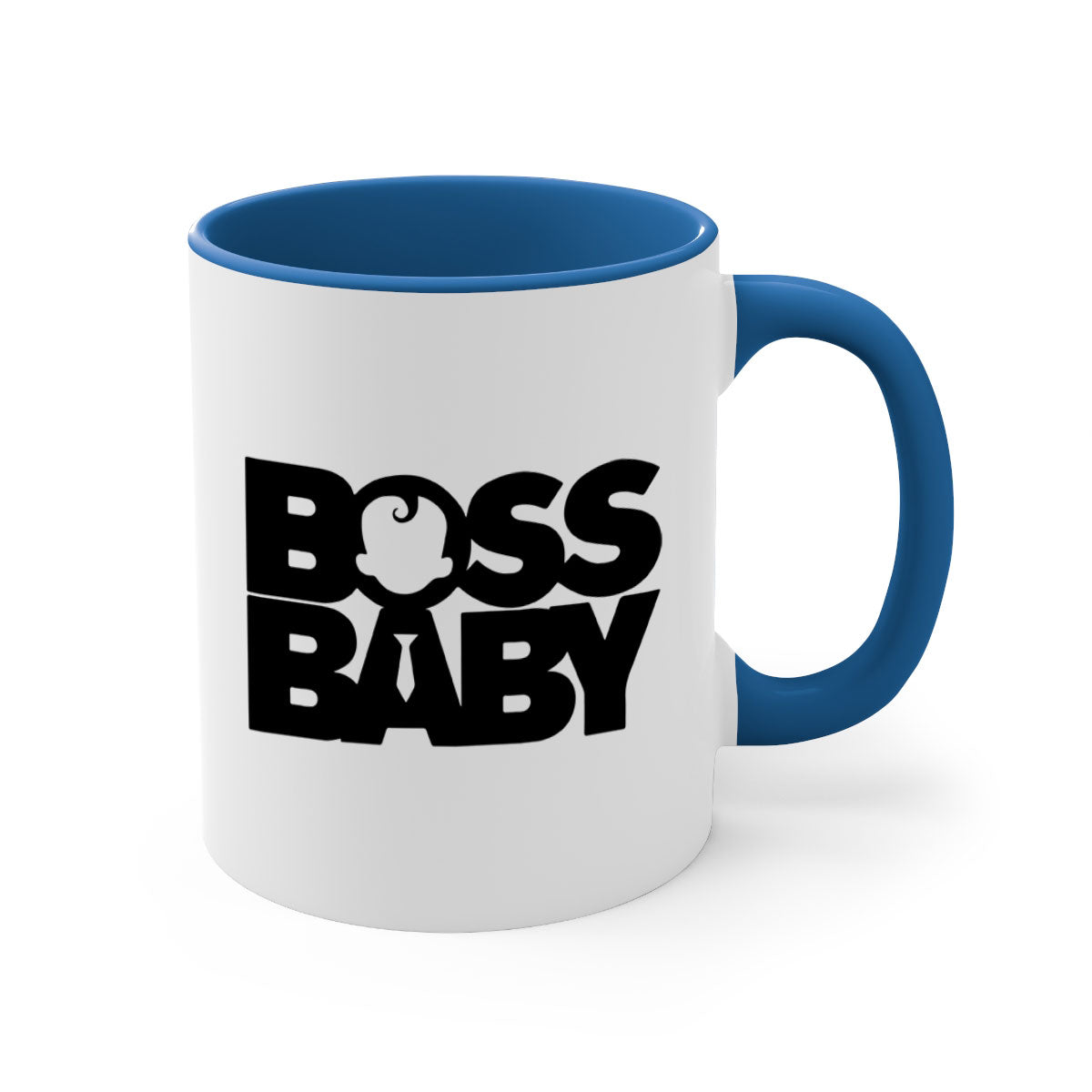 Boss Baby On Board Mug featuring black phrases on a glossy ceramic surface with a colored handle and interior.