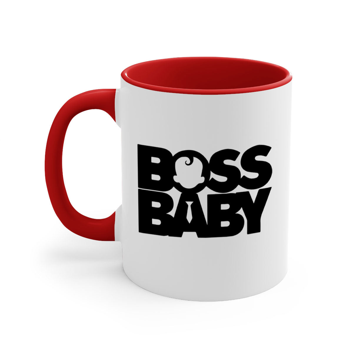 Boss Baby On Board Mug featuring black phrases on a glossy ceramic surface with a colored handle and interior.