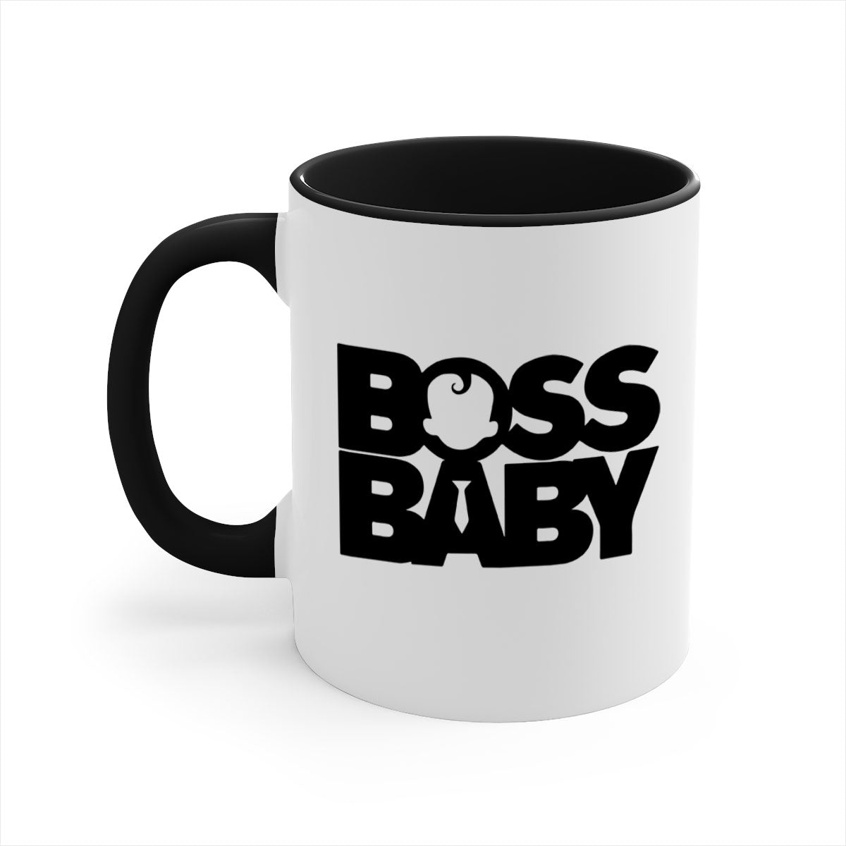 Boss Baby On Board Mug featuring black phrases on a glossy ceramic surface with a colored handle and interior.