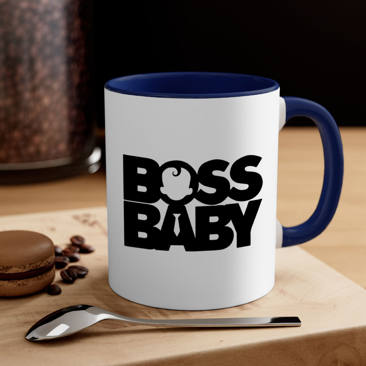 Boss Baby On Board Mug featuring black phrases on a glossy ceramic surface with a colored handle and interior.