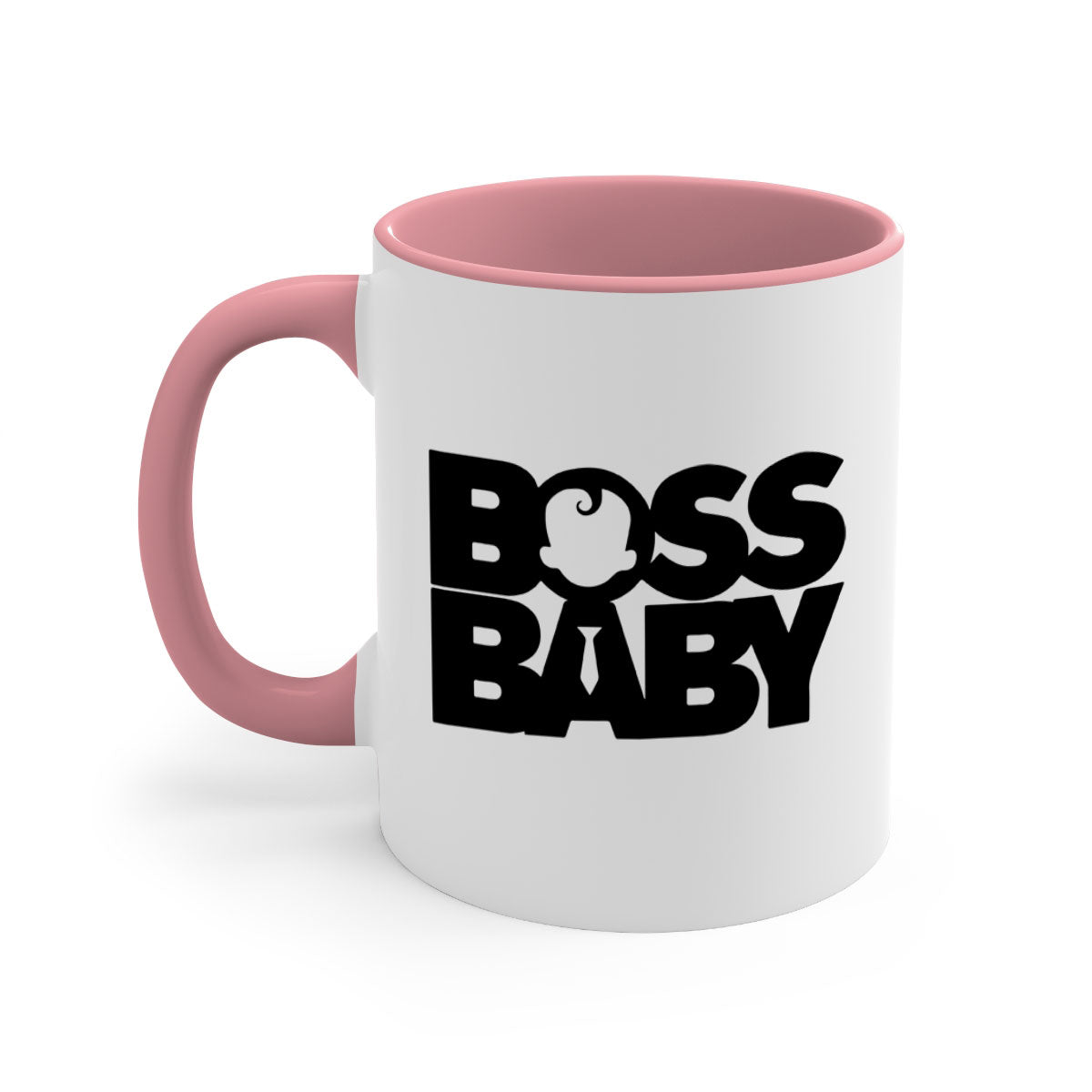 Boss Baby On Board Mug featuring black phrases on a glossy ceramic surface with a colored handle and interior.