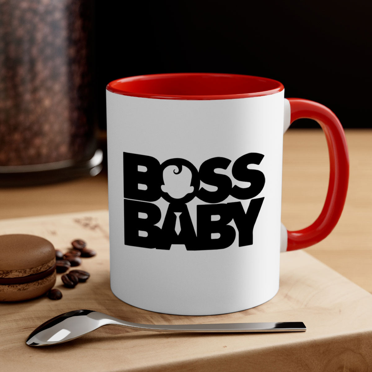 Boss Baby On Board Mug featuring black phrases on a glossy ceramic surface with a colored handle and interior.