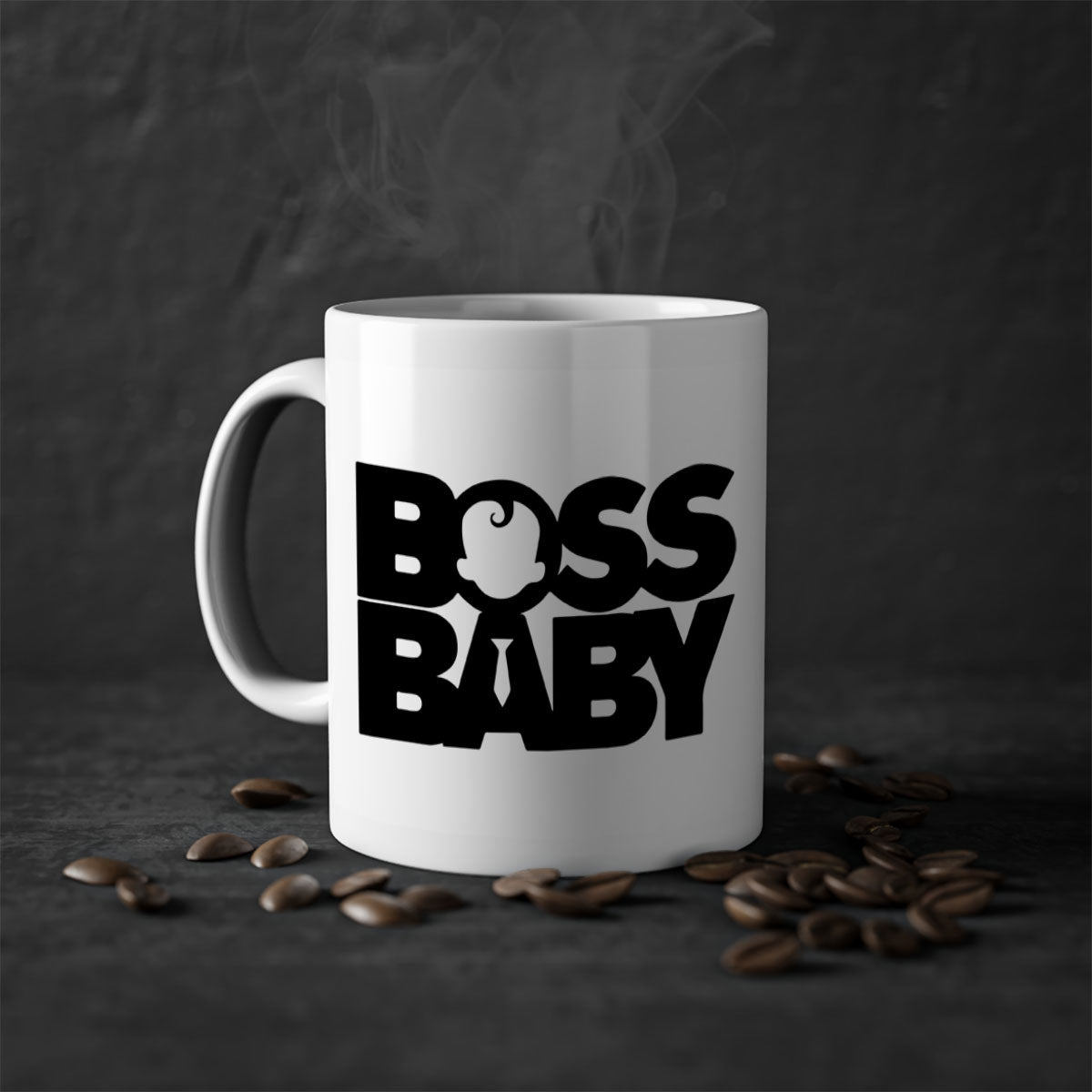 Boss Baby On Board Mug featuring black phrases on a glossy ceramic surface with a colored handle and interior.