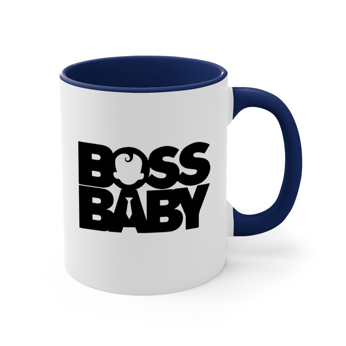 Boss Baby On Board Mug featuring black phrases on a glossy ceramic surface with a colored handle and interior.