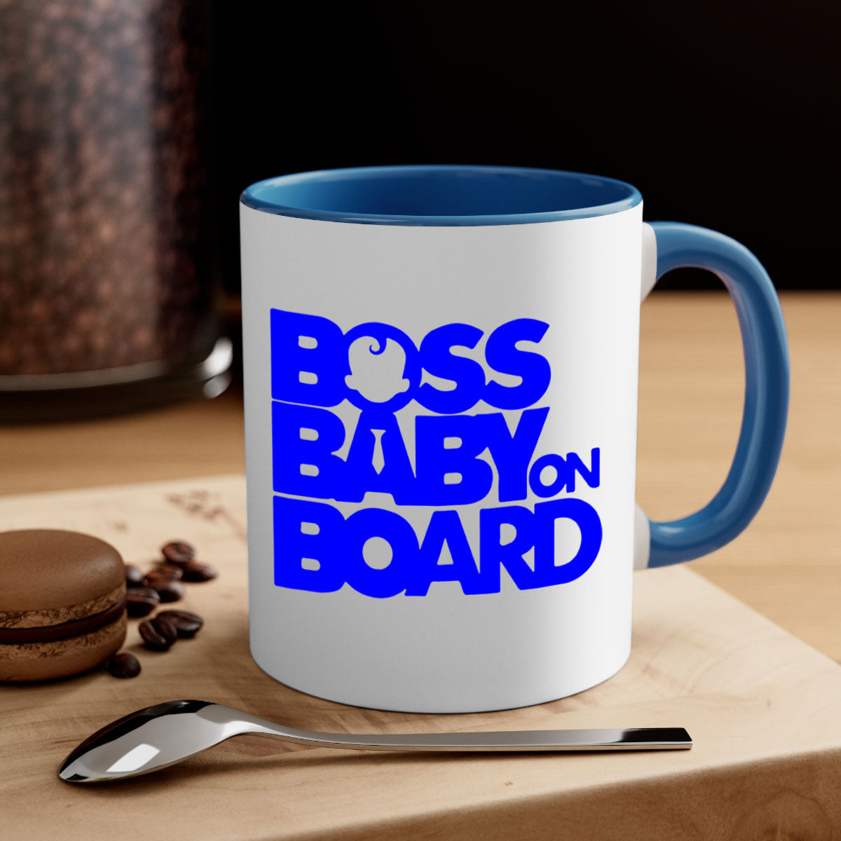 Boss Baby On Board 2# Mug with black phrases, two-tone design, and glossy finish, available in multiple colors.