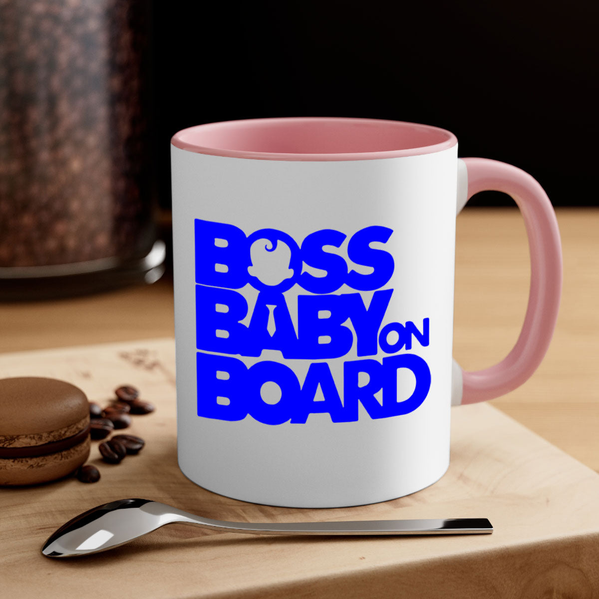 Boss Baby On Board 2# Mug with black phrases, two-tone design, and glossy finish, available in multiple colors.