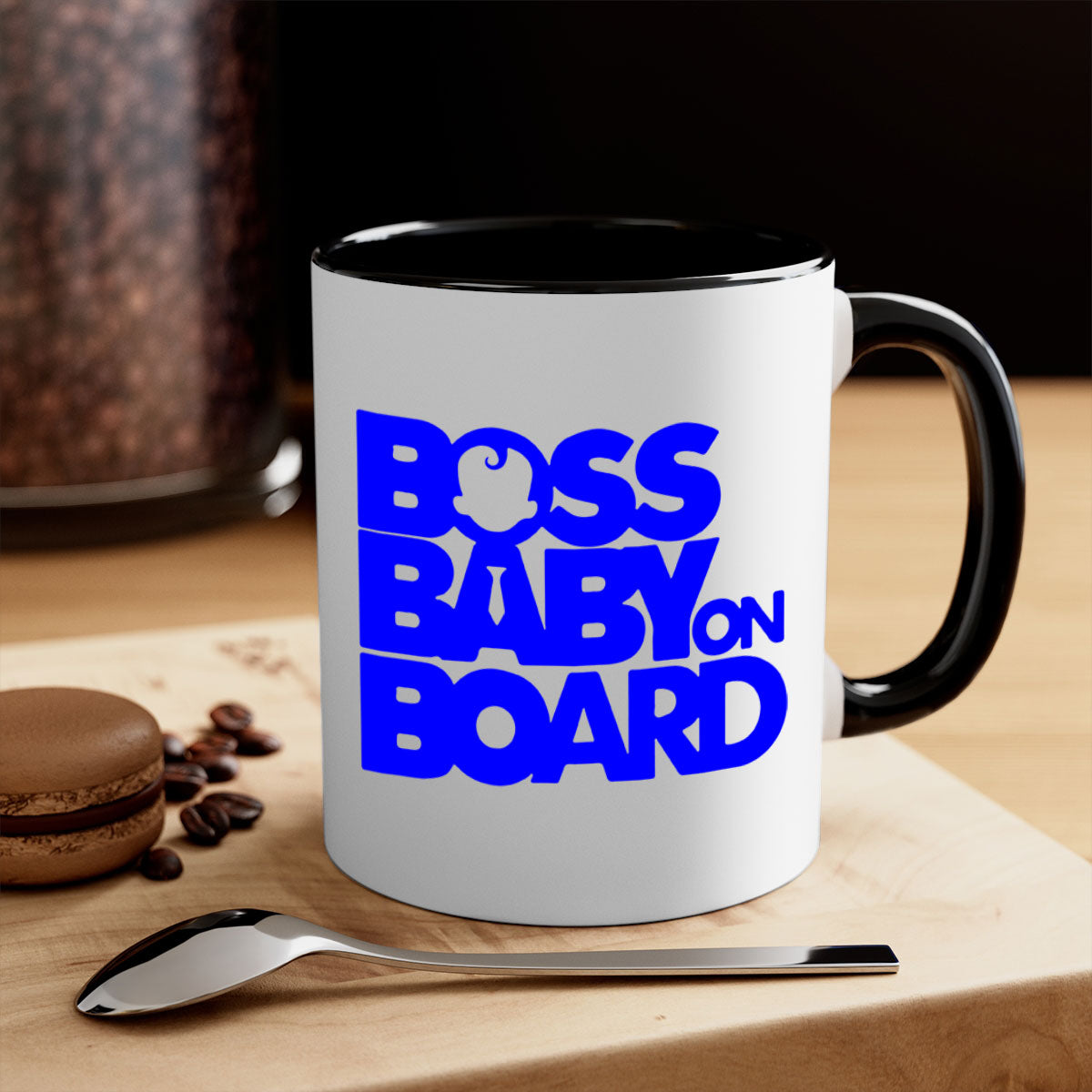 Boss Baby On Board 2# Mug with black phrases, two-tone design, and glossy finish, available in multiple colors.