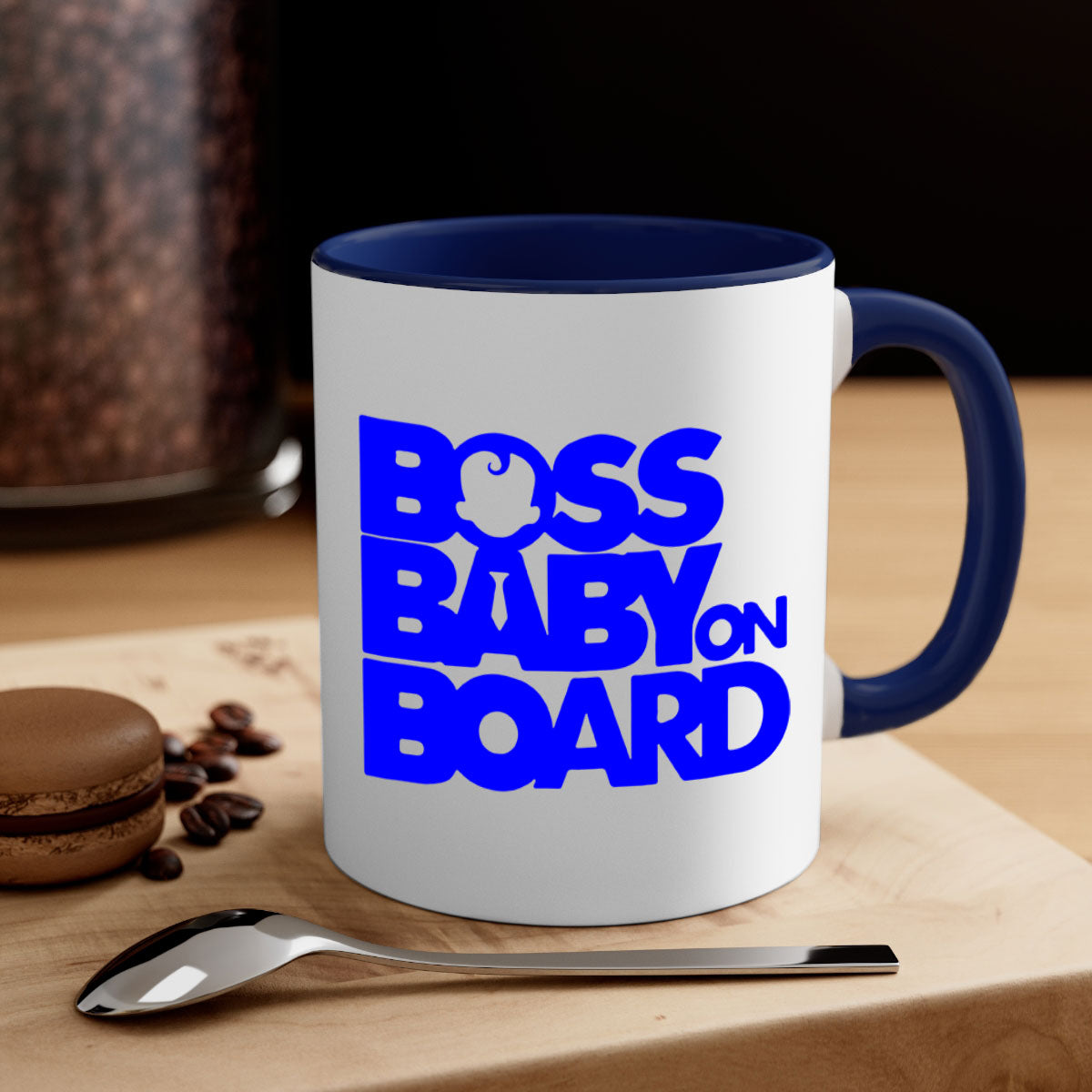 Boss Baby On Board 2# Mug with black phrases, two-tone design, and glossy finish, available in multiple colors.