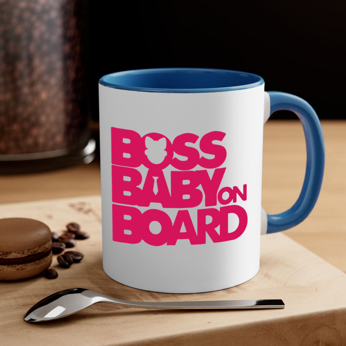 Boss Baby On Board 3# Mug with black phrases, two-tone design, and glossy finish, available in multiple colors.