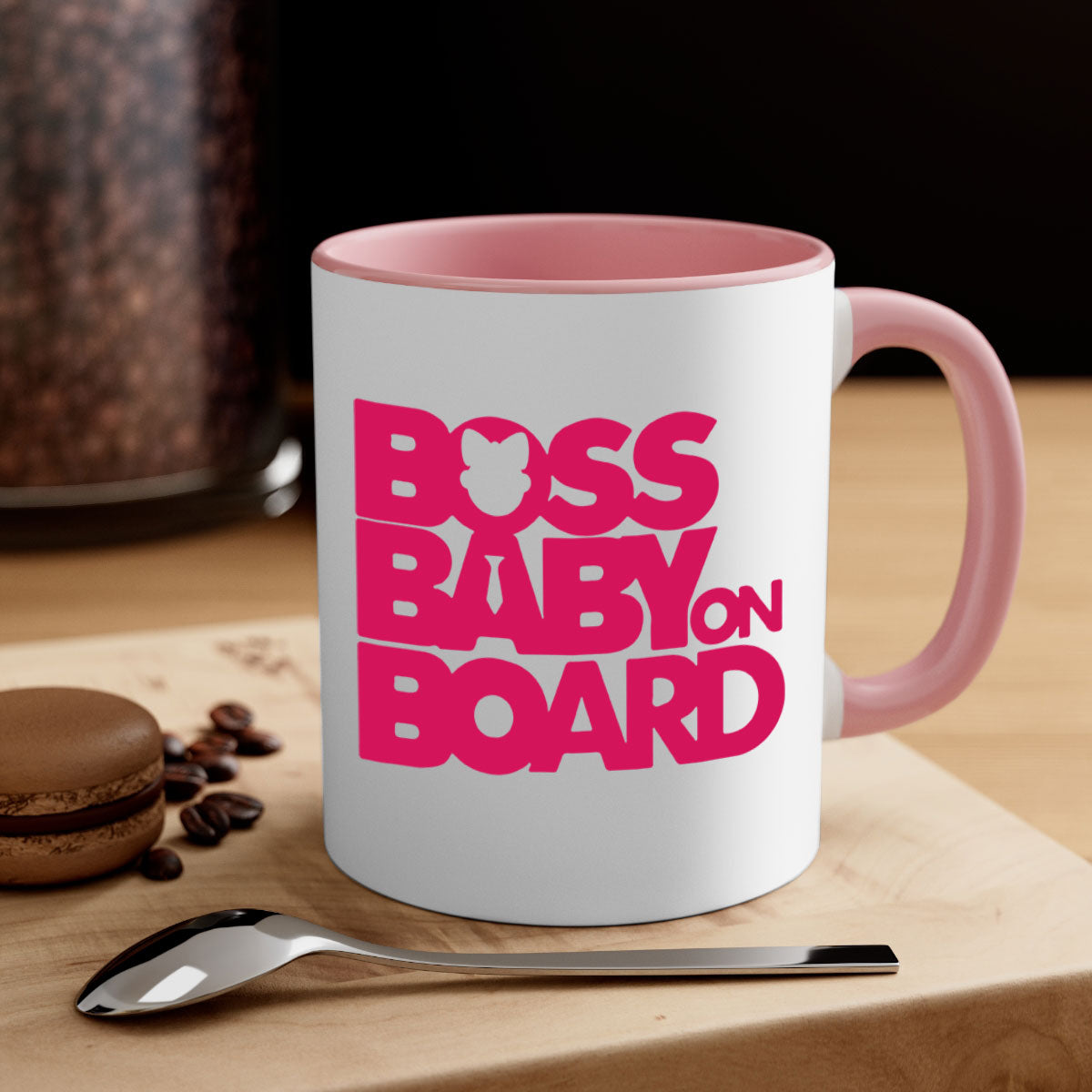 Boss Baby On Board 3# Mug with black phrases, two-tone design, and glossy finish, available in multiple colors.