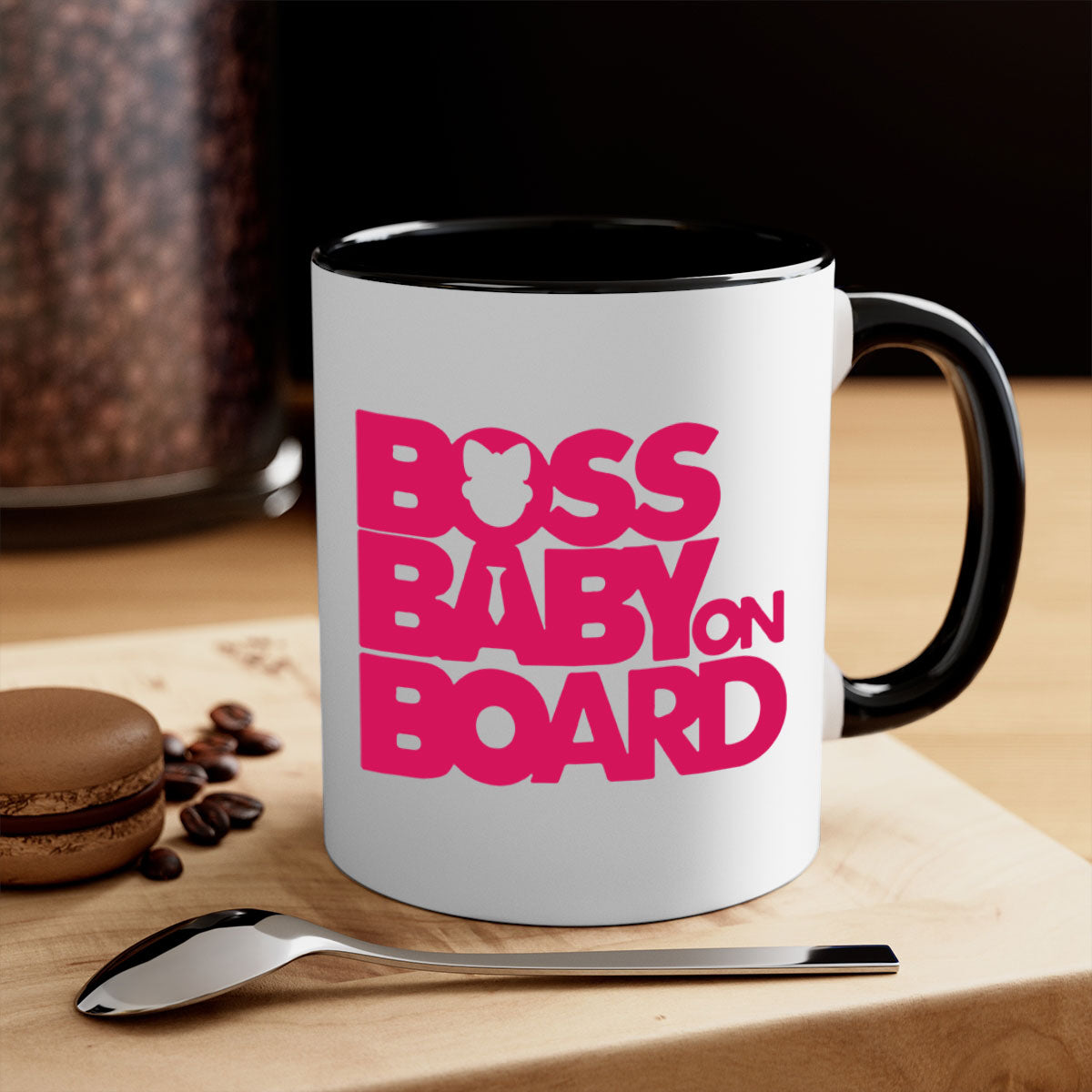 Boss Baby On Board 3# Mug with black phrases, two-tone design, and glossy finish, available in multiple colors.