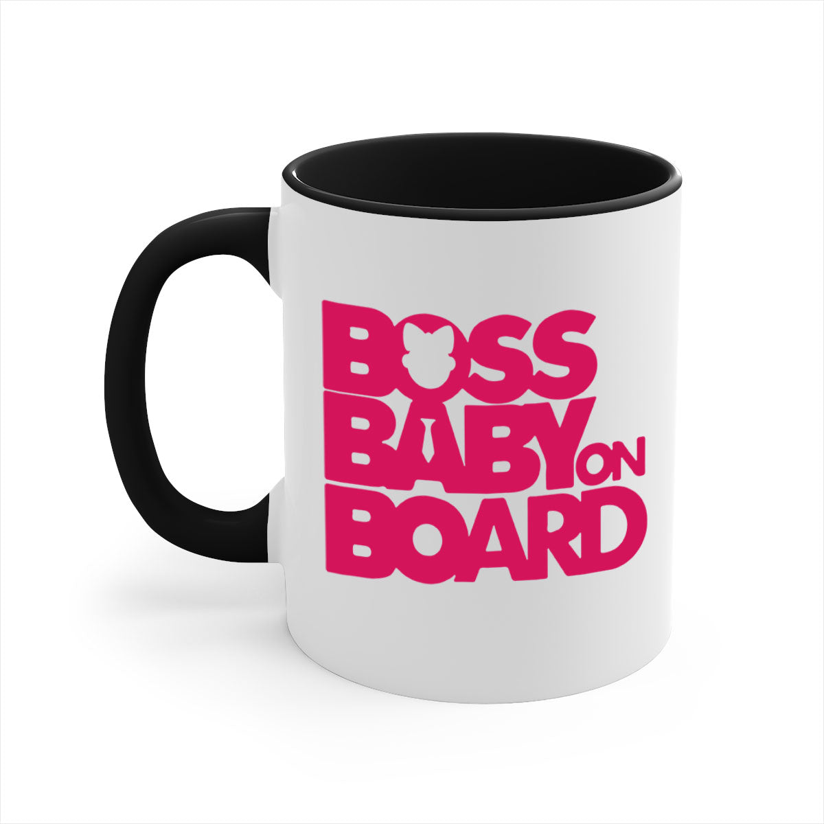 Boss Baby On Board 3# Mug with black phrases, two-tone design, and glossy finish, available in multiple colors.