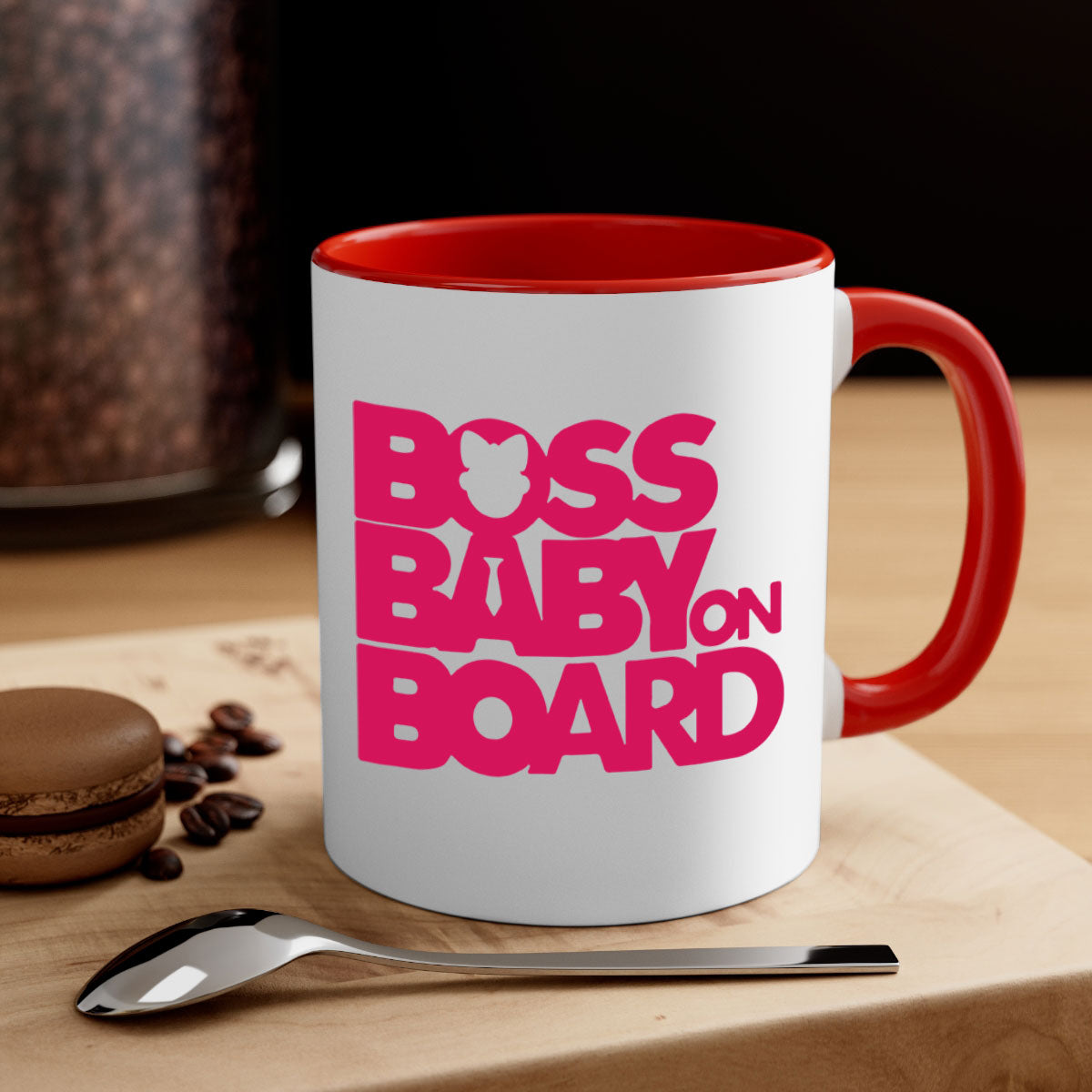 Boss Baby On Board 3# Mug with black phrases, two-tone design, and glossy finish, available in multiple colors.