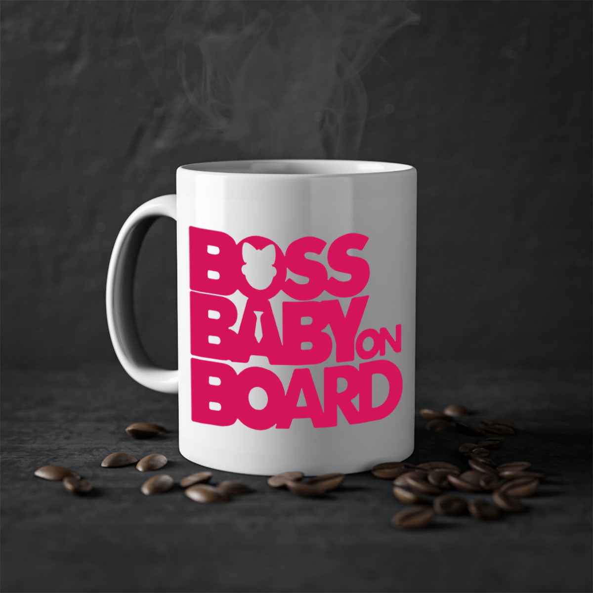 Boss Baby On Board 3# Mug with black phrases, two-tone design, and glossy finish, available in multiple colors.