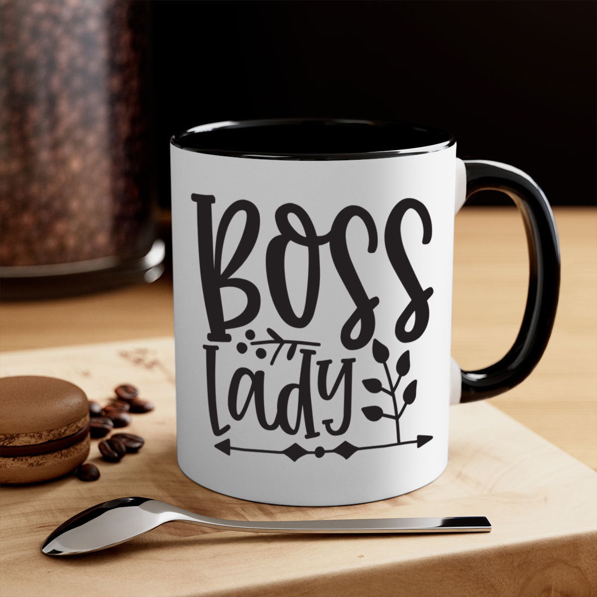 Boss Lady 414# Mug with a glossy finish and colored handle, available in multiple colors and sizes.