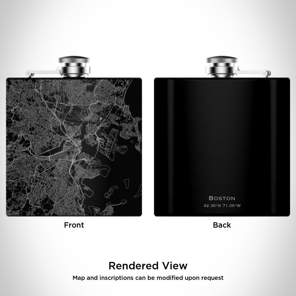 Custom engraved matte black hip flask featuring a detailed map of Boston, Massachusetts with coordinates.