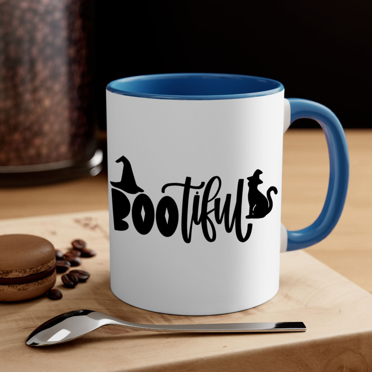 Bootiful 85# Halloween Mug with colorful handle and glossy finish, perfect for coffee or tea.