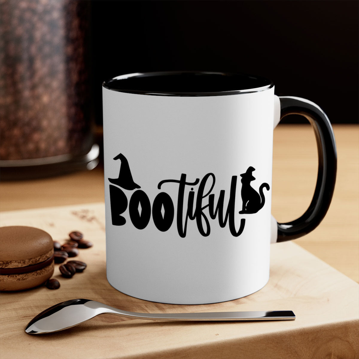 Bootiful 85# Halloween Mug with colorful handle and glossy finish, perfect for coffee or tea.