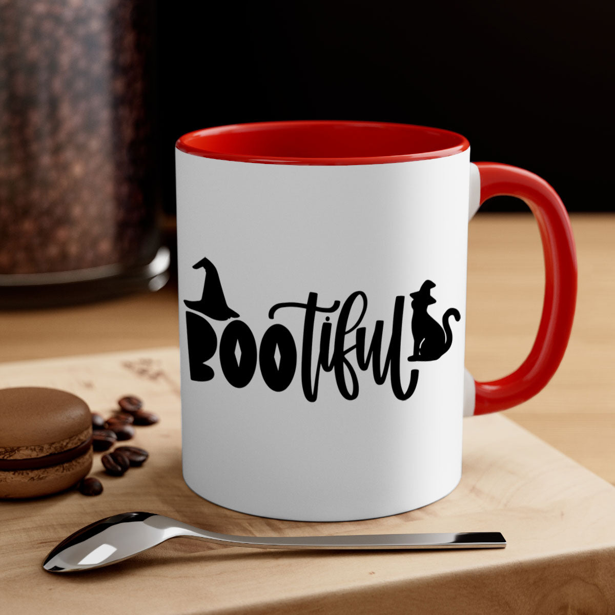 Bootiful 85# Halloween Mug with colorful handle and glossy finish, perfect for coffee or tea.