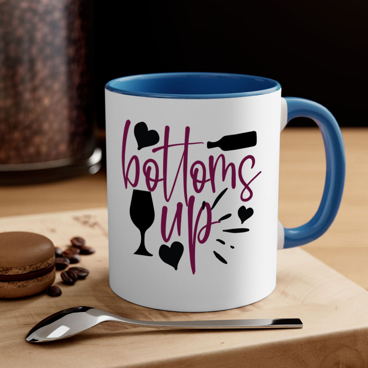 Bottoms Tup 209# Mug in five vibrant colors with a glossy finish and easy-grip handle.