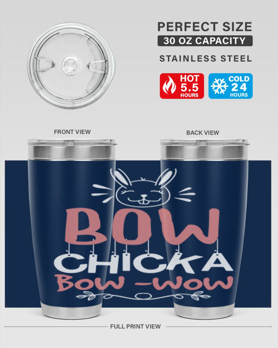 Bow Chicka Bow Wow 20oz Tumbler in stainless steel with a copper lining, featuring a drink-thru lid, ideal for hot and cold beverages.