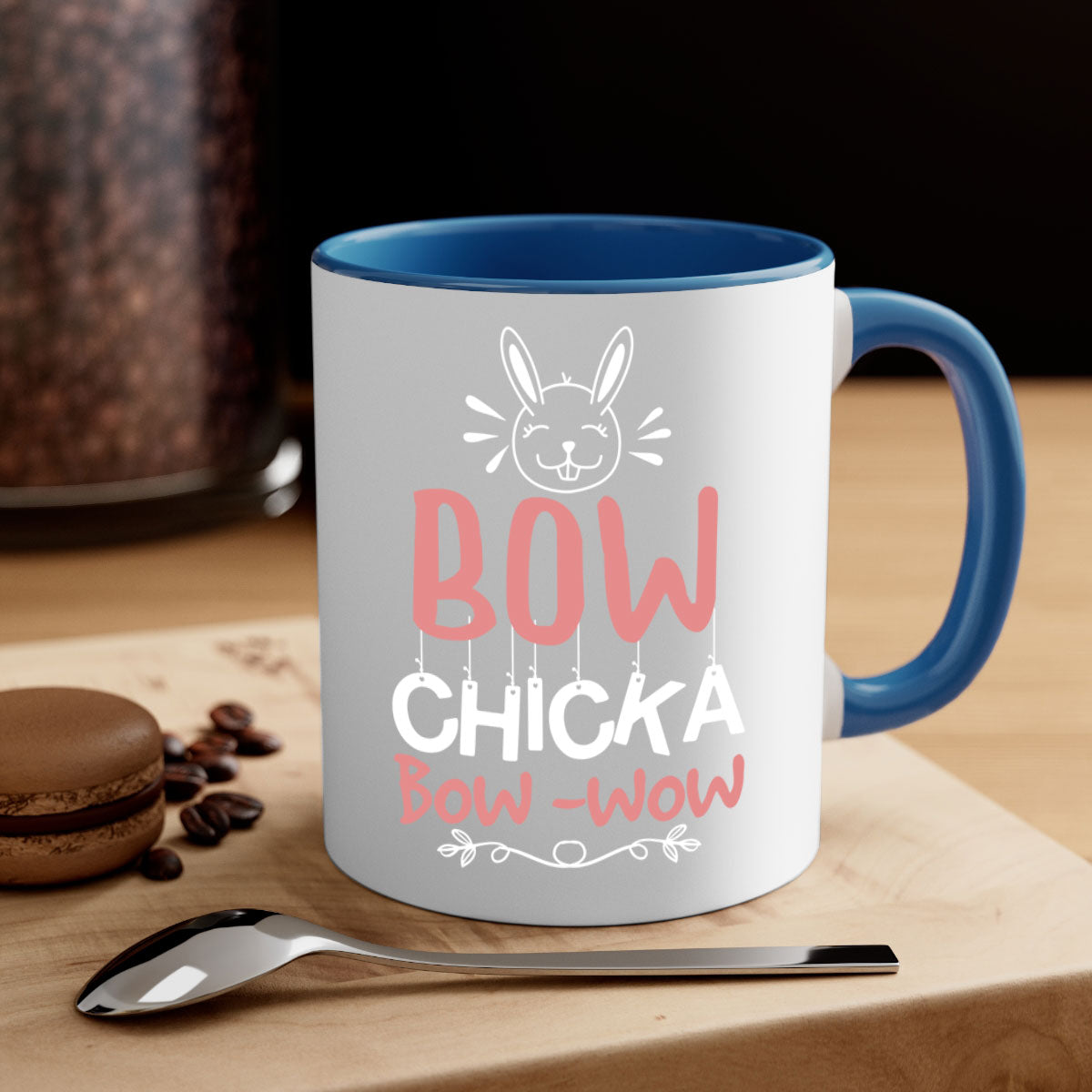 Bow Chicka Bow Wow Mug with colorful handle and glossy finish, available in multiple colors and sizes.