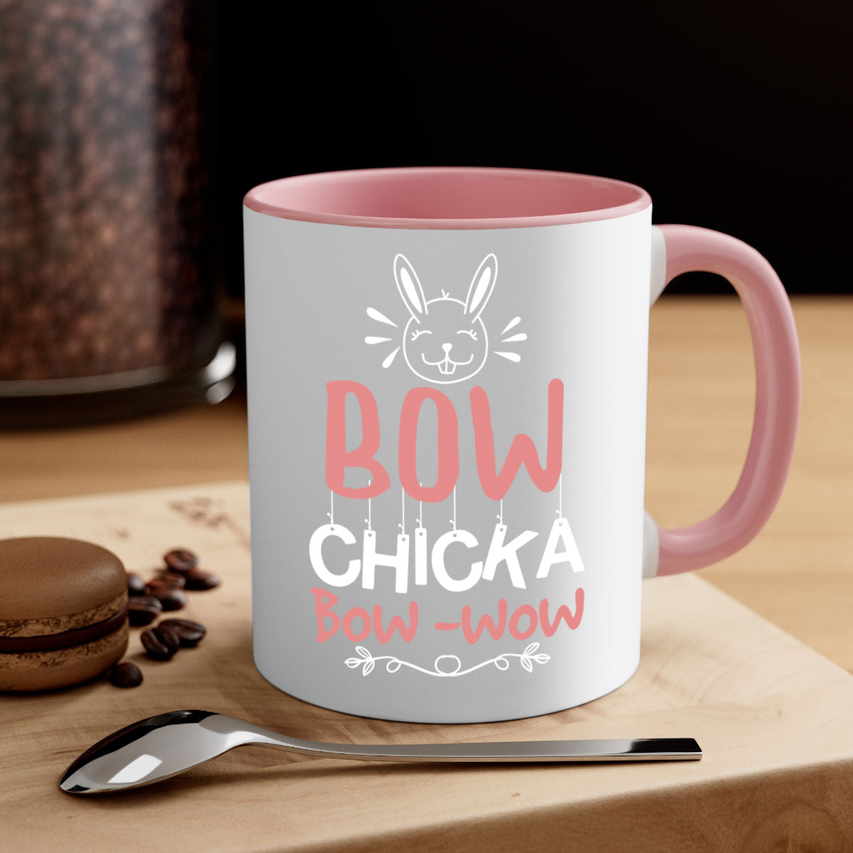 Bow Chicka Bow Wow Mug with colorful handle and glossy finish, available in multiple colors and sizes.