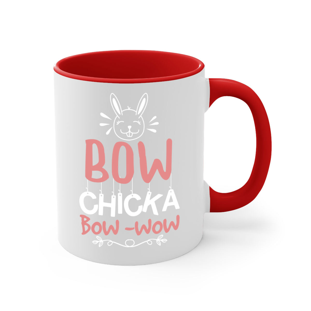 Bow Chicka Bow Wow Mug with colorful handle and glossy finish, available in multiple colors and sizes.