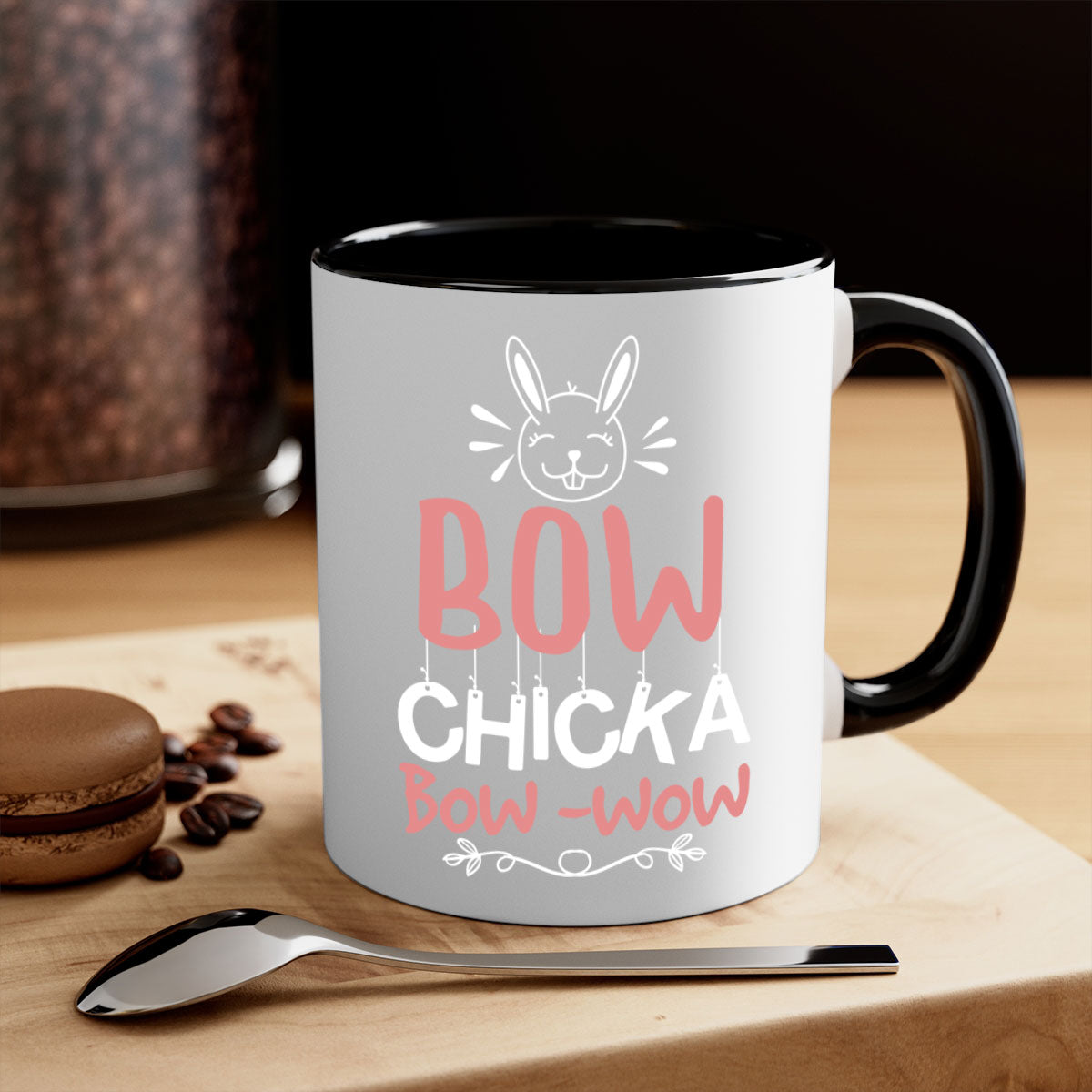 Bow Chicka Bow Wow Mug with colorful handle and glossy finish, available in multiple colors and sizes.