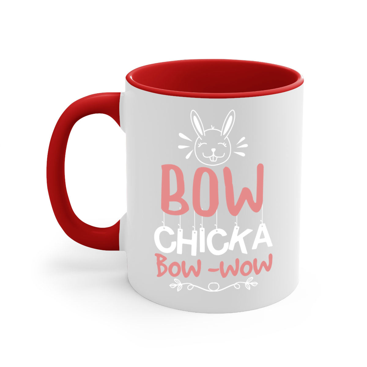 Bow Chicka Bow Wow Mug with colorful handle and glossy finish, available in multiple colors and sizes.