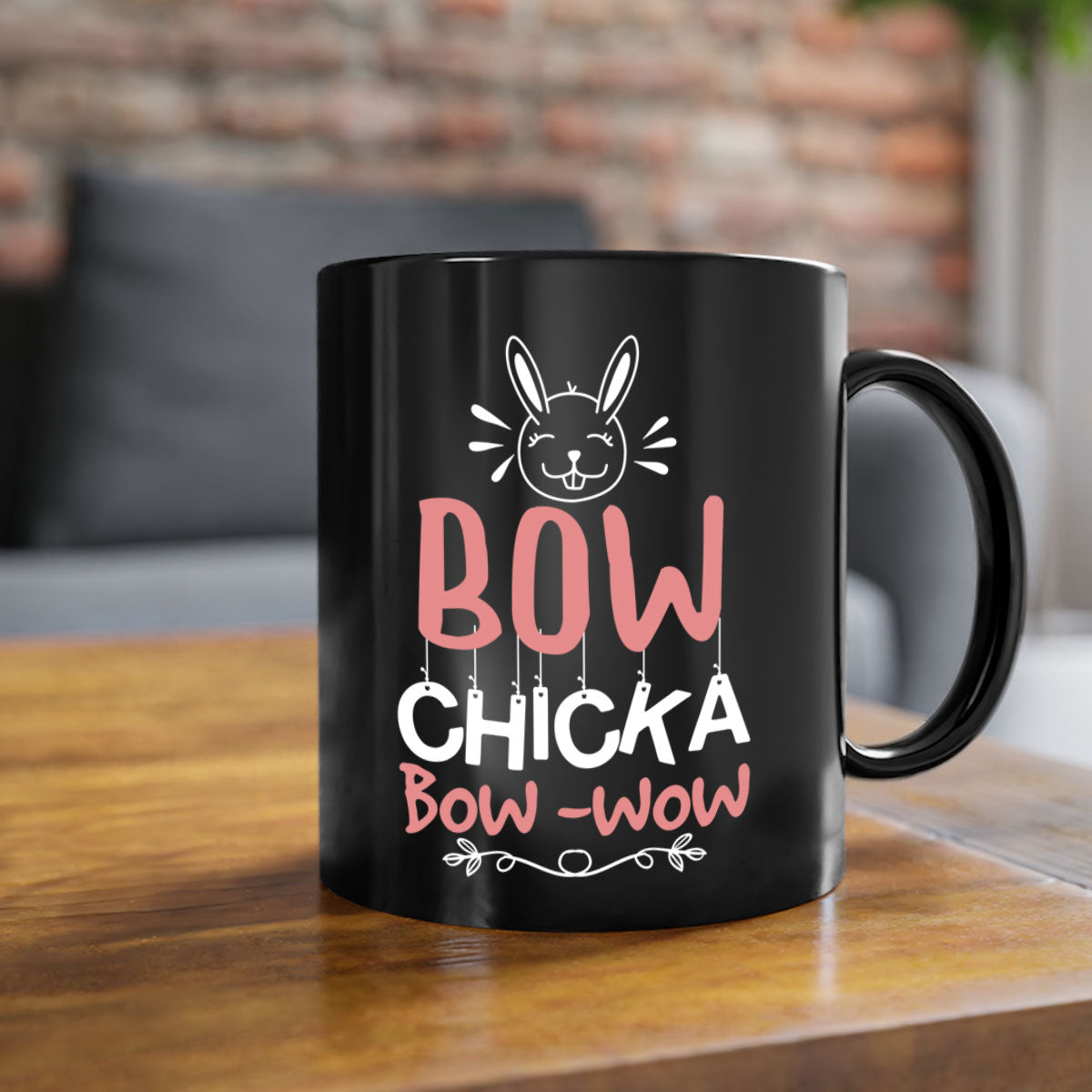 Bow Chicka Bow Wow Mug with colorful handle and glossy finish, available in multiple colors and sizes.