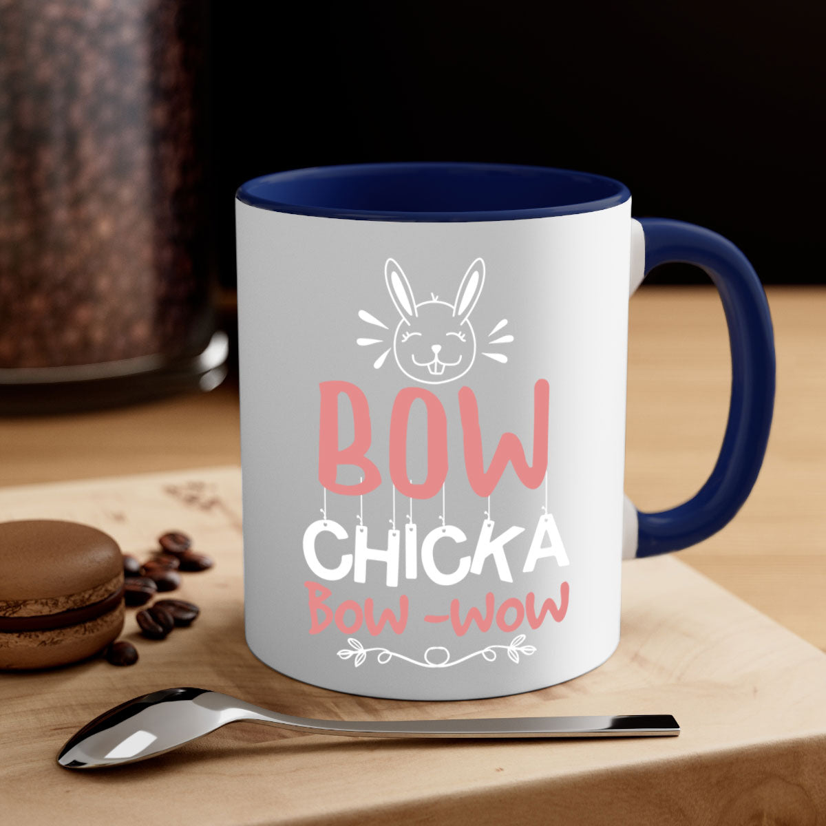 Bow Chicka Bow Wow Mug with colorful handle and glossy finish, available in multiple colors and sizes.