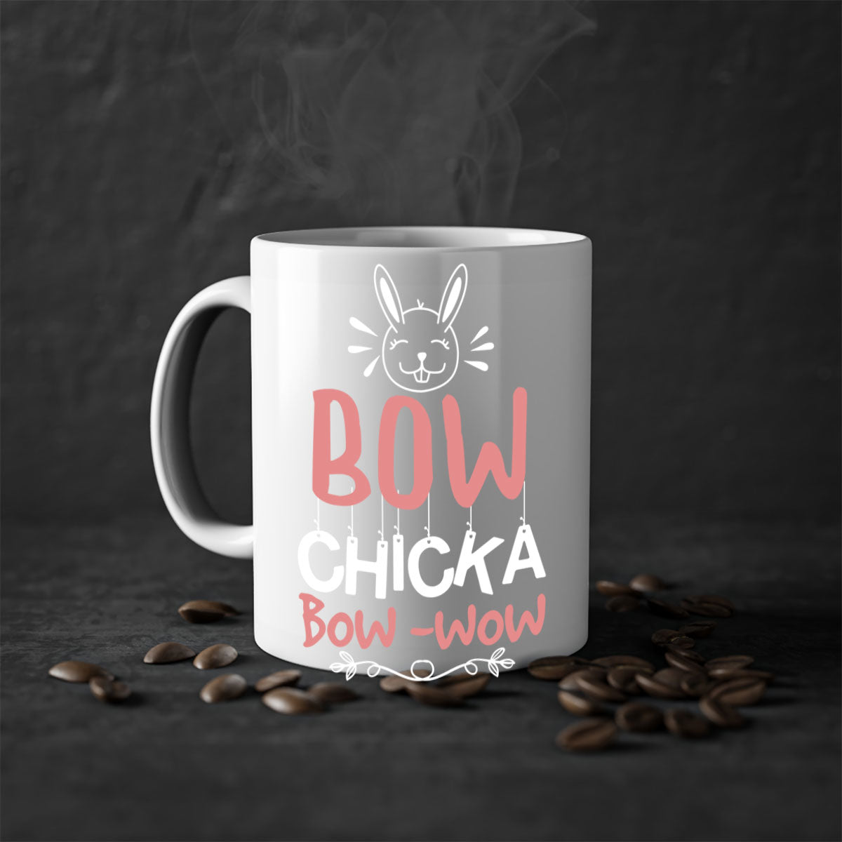 Bow Chicka Bow Wow Mug with colorful handle and glossy finish, available in multiple colors and sizes.