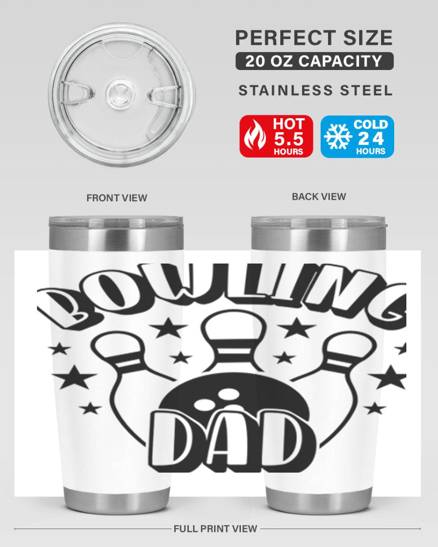 Bowling Dad 1406# Tumbler in stainless steel with a drink-thru lid, showcasing its sleek design and vibrant print.