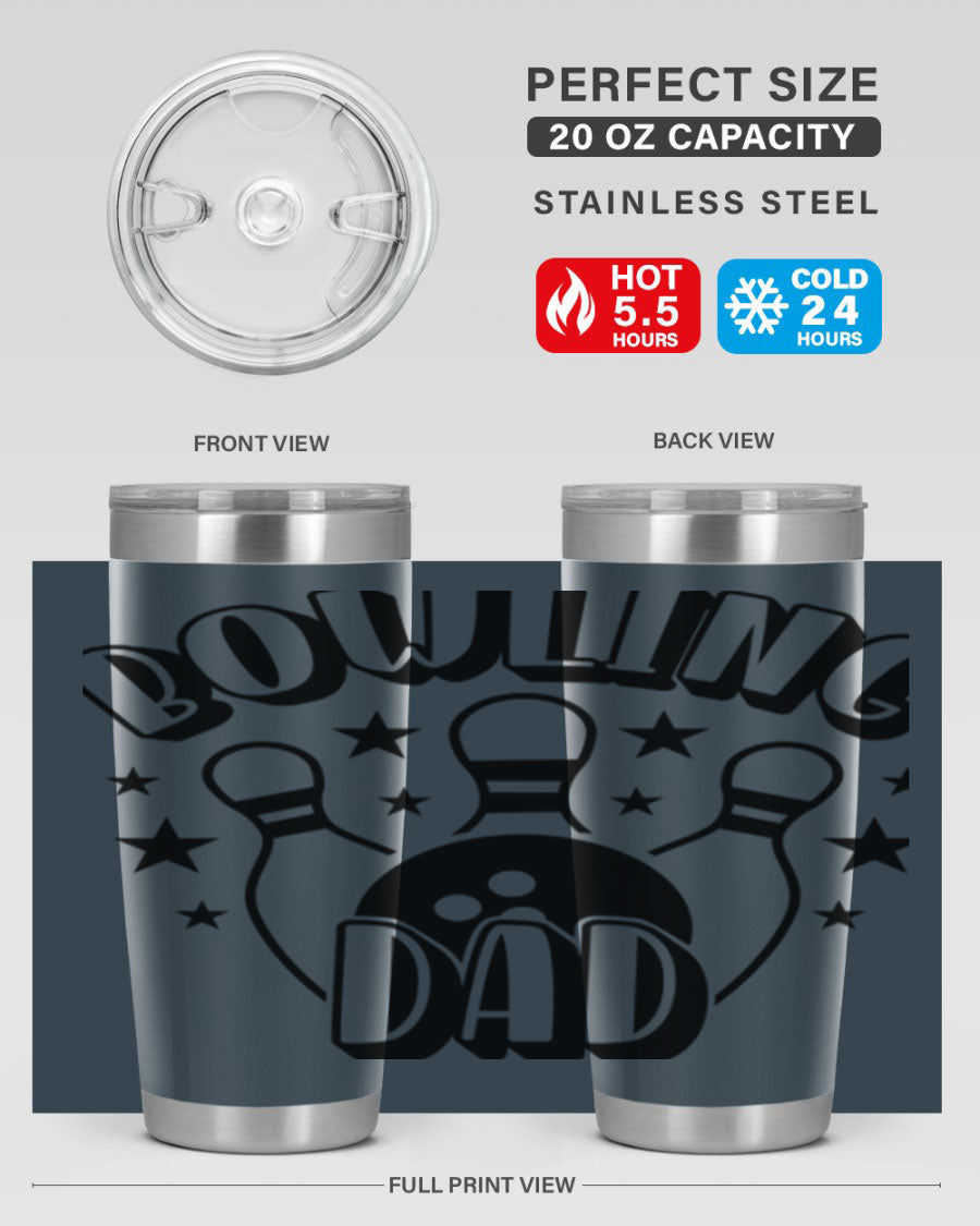 Bowling Dad 1406# Tumbler in stainless steel with a drink-thru lid, showcasing its sleek design and vibrant print.