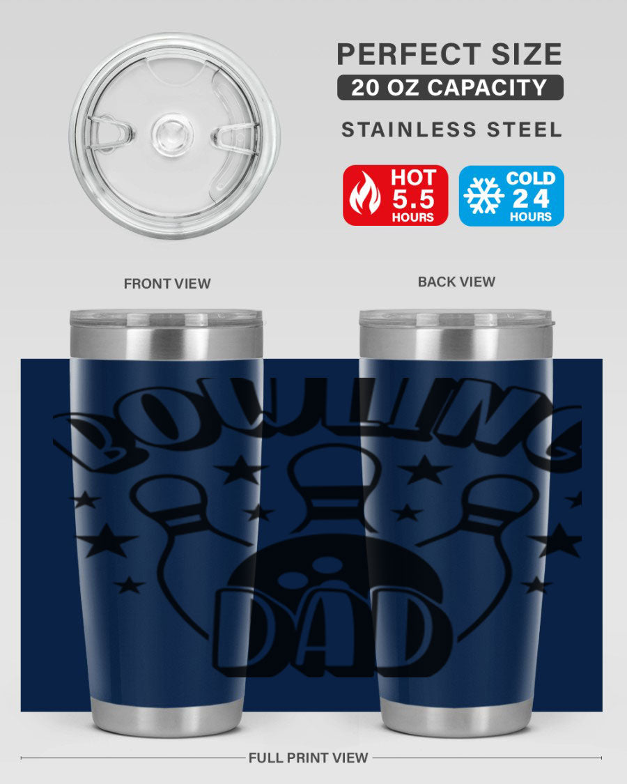 Bowling Dad 1406# Tumbler in stainless steel with a drink-thru lid, showcasing its sleek design and vibrant print.