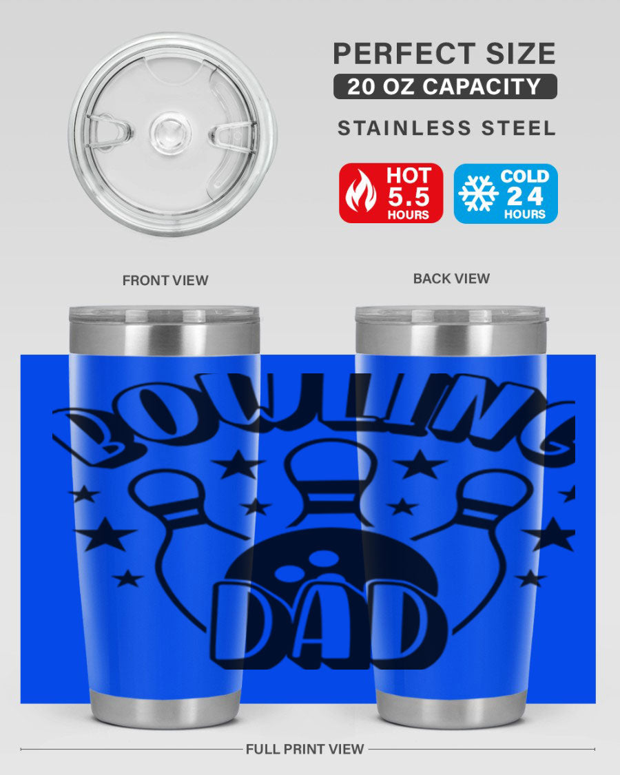 Bowling Dad 1406# Tumbler in stainless steel with a drink-thru lid, showcasing its sleek design and vibrant print.