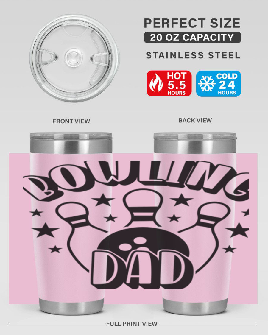 Bowling Dad 1406# Tumbler in stainless steel with a drink-thru lid, showcasing its sleek design and vibrant print.