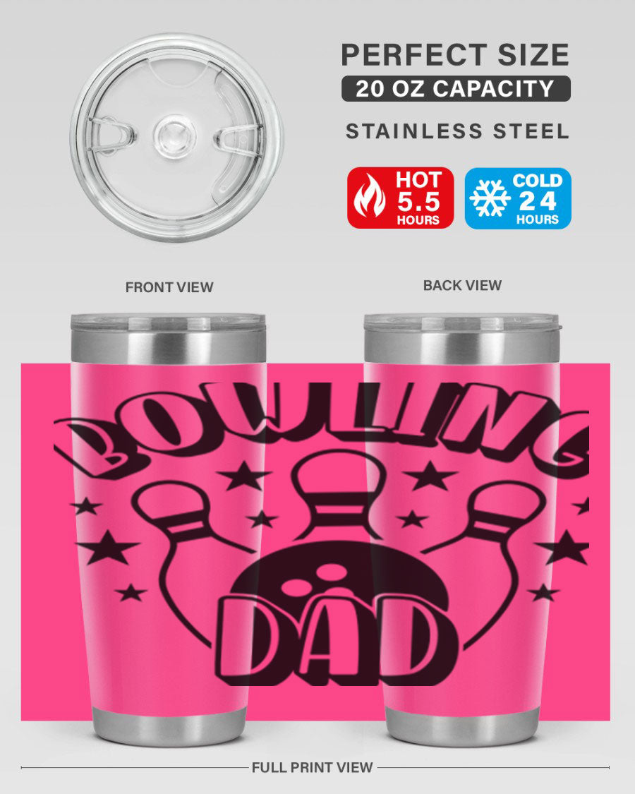 Bowling Dad 1406# Tumbler in stainless steel with a drink-thru lid, showcasing its sleek design and vibrant print.