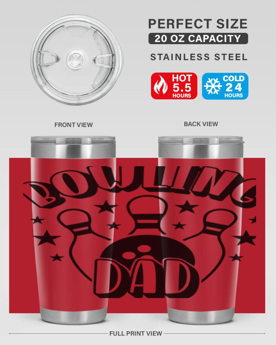 Bowling Dad 1406# Tumbler in stainless steel with a drink-thru lid, showcasing its sleek design and vibrant print.