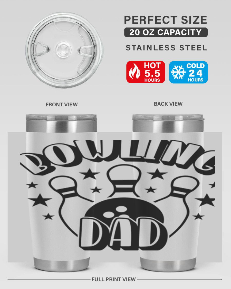 Bowling Dad 1406# Tumbler in stainless steel with a drink-thru lid, showcasing its sleek design and vibrant print.