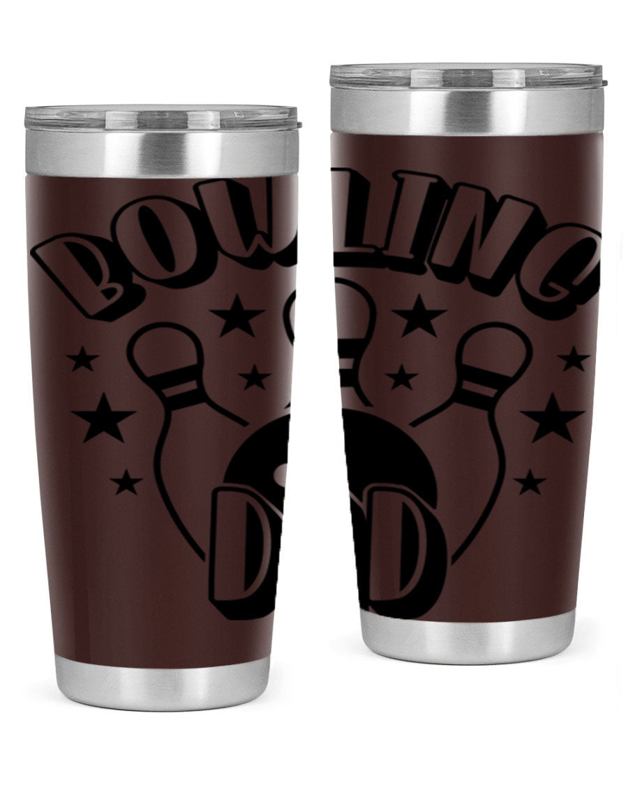 Bowling Dad 1406# Tumbler in stainless steel with a drink-thru lid, showcasing its sleek design and vibrant print.