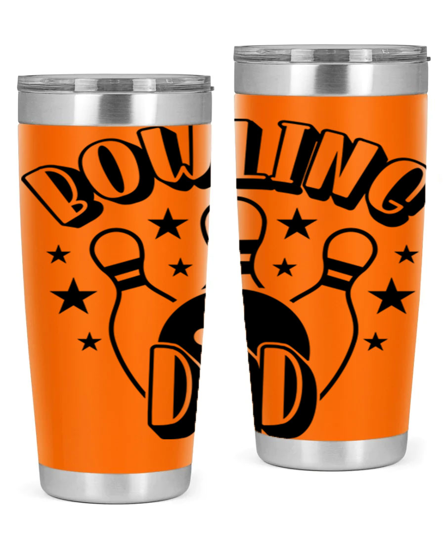 Bowling Dad 1406# Tumbler in stainless steel with a drink-thru lid, showcasing its sleek design and vibrant print.