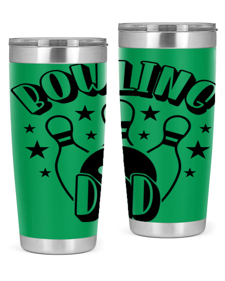 Bowling Dad 1406# Tumbler in stainless steel with a drink-thru lid, showcasing its sleek design and vibrant print.