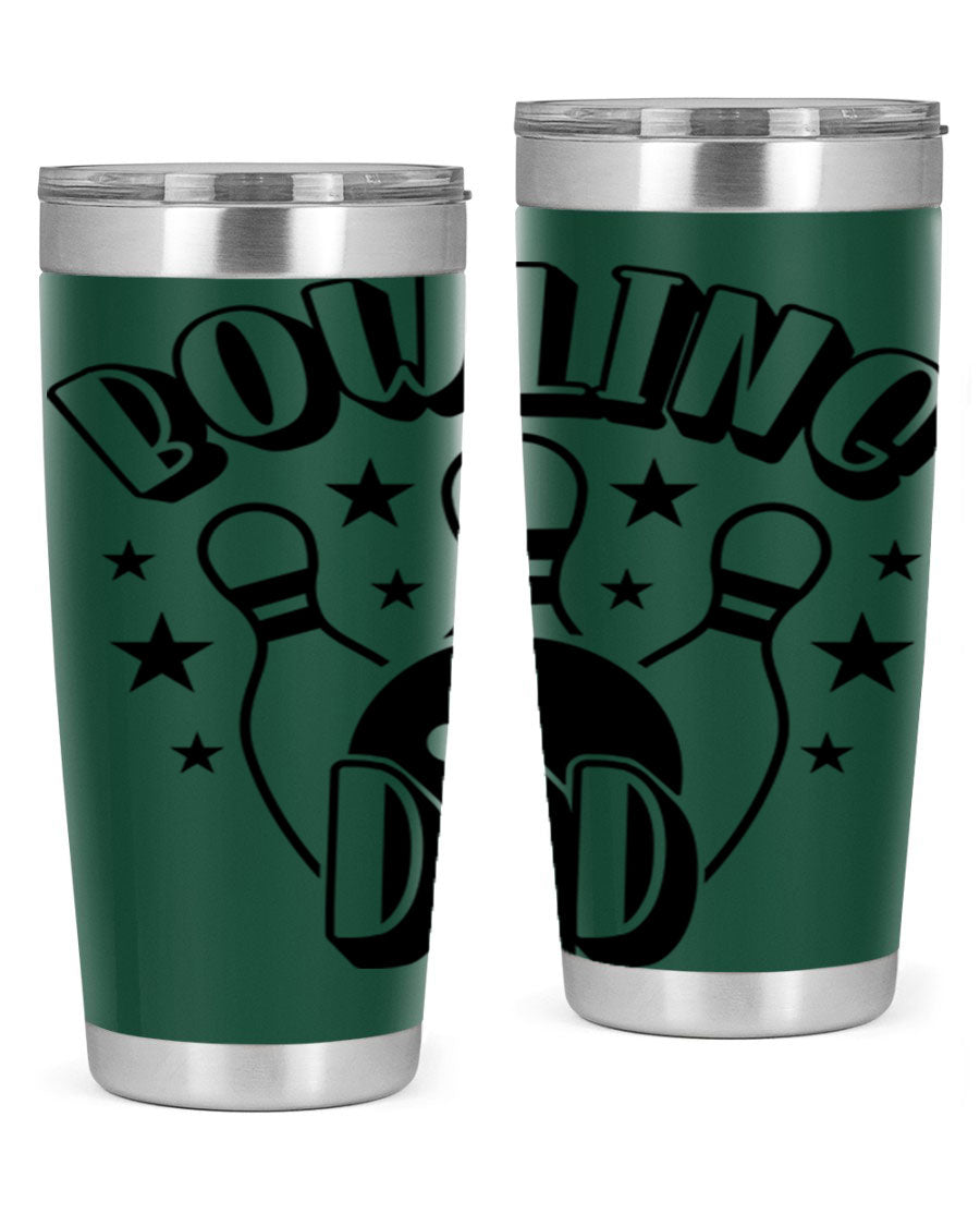 Bowling Dad 1406# Tumbler in stainless steel with a drink-thru lid, showcasing its sleek design and vibrant print.