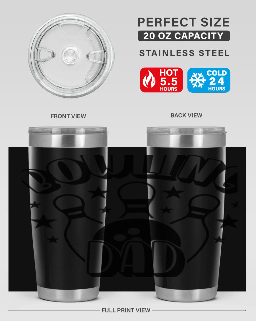 Bowling Dad 1406# Tumbler in stainless steel with a drink-thru lid, showcasing its sleek design and vibrant print.