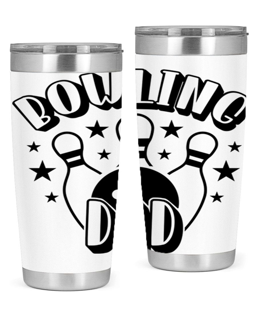 Bowling Dad 1406# Tumbler in stainless steel with a drink-thru lid, showcasing its sleek design and vibrant print.