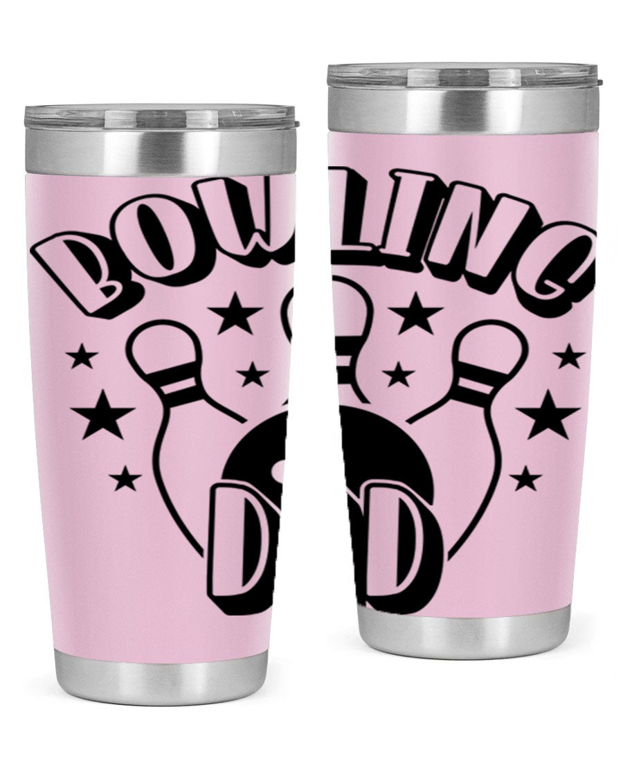 Bowling Dad 1406# Tumbler in stainless steel with a drink-thru lid, showcasing its sleek design and vibrant print.