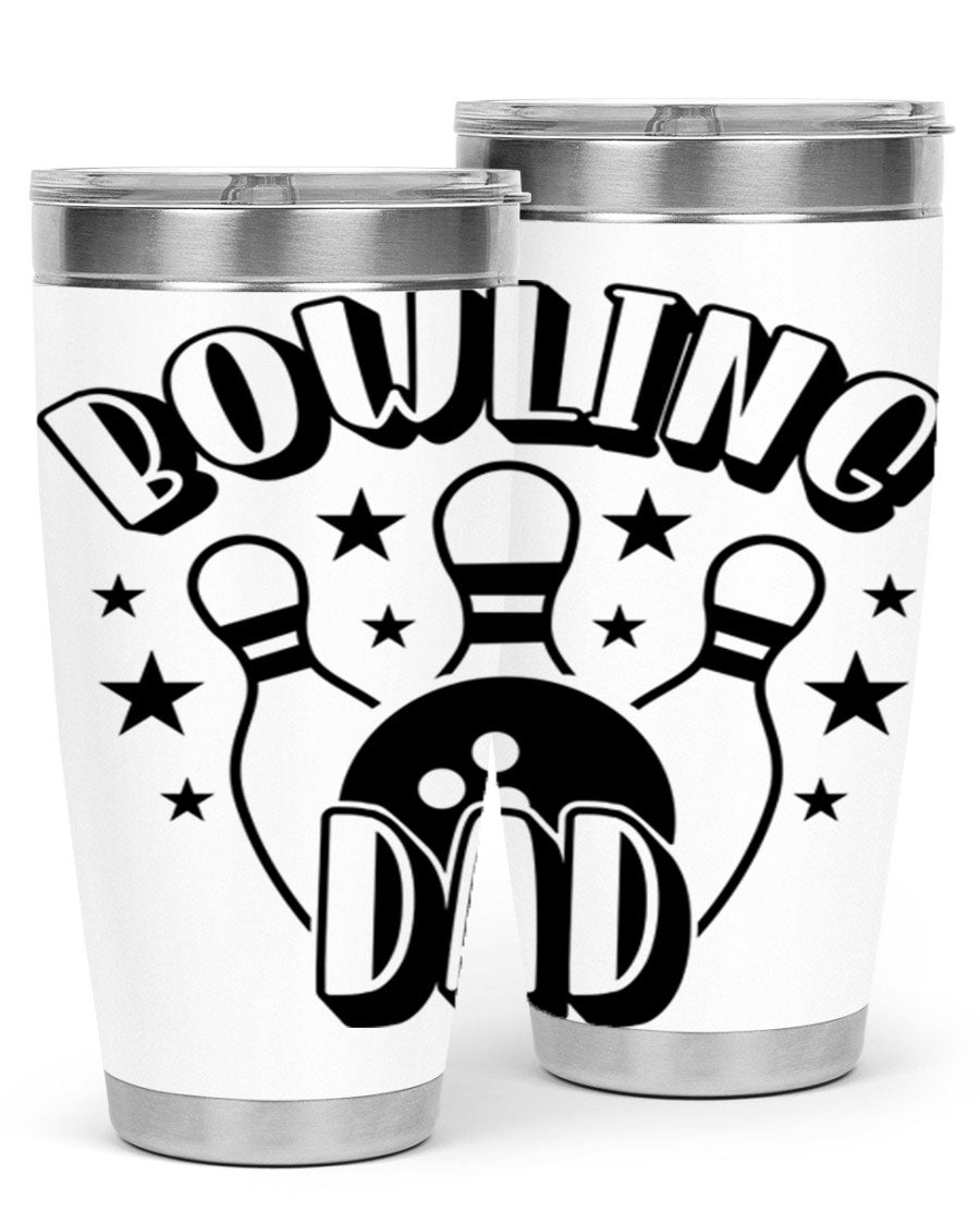 Bowling Dad 1406# Tumbler in stainless steel with a drink-thru lid, showcasing its sleek design and vibrant print.